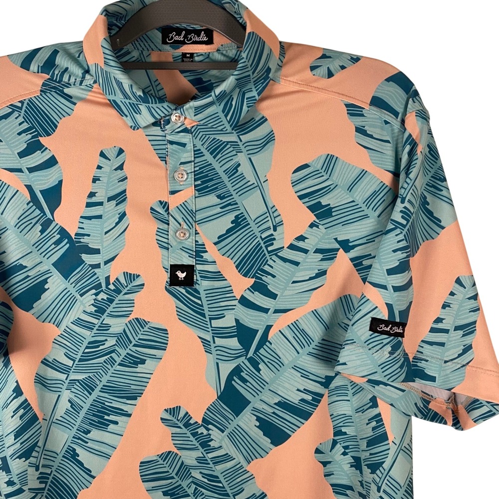 Bad Birdie Golf Polo Shirt Tropical Leaf Print Athletic Fit Peach Blue M
